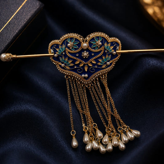 Royal Blue Pearl Tassel Hair Stick Bun Pin | Premium Quality